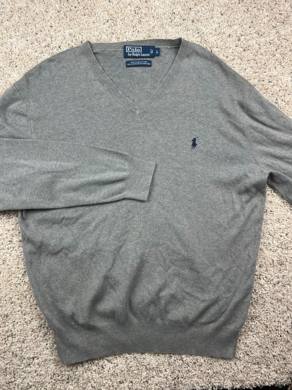 Polo Ralph Lauren Sweater Mens Large Gray V Neck Pullover Long Sleeve Cotton